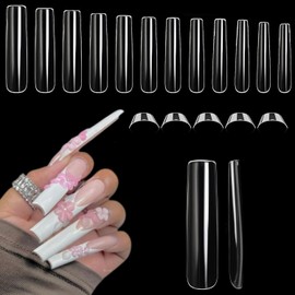 Luckyfairy XXL Nail Tips Square 504 Pcs 12 Sizes - No C Curve Flat Square Nail Tips Clear 2XL Full Cover Tapered Gel Acrylic Nail Tips False Nails Gelly Tips for Nail Extension Nail Art