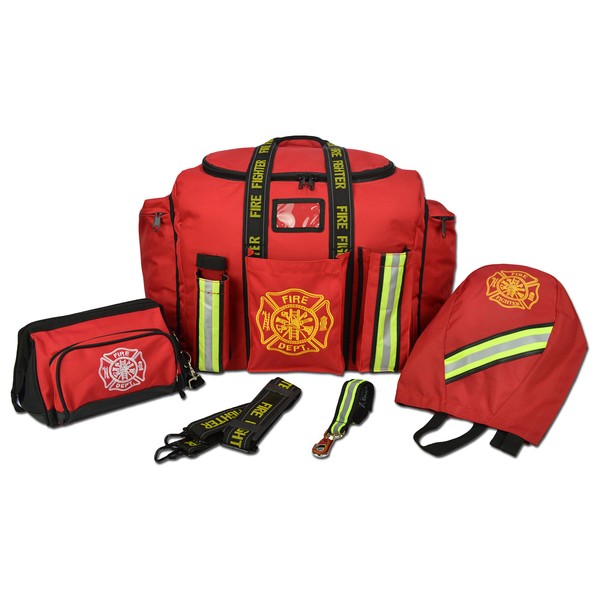 Lightning X Premium Firefighter Turnout Gear Bag Captain's Bundle w/Glove Strap + SCBA Mask & Toiletry Bags RED