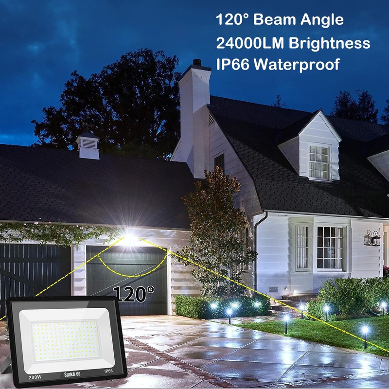 Sunkkes 200W LED Flood Lights 3 Pack, Outdoor IP66 Waterproof,