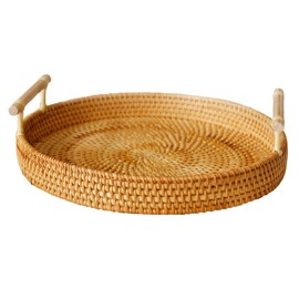 Hand Woven Round Rattan Serving Tray Bread Fruit Dessert Snack Basket with Handles Diameter 28cm Height 4cm