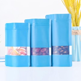 50pcs Mylar Stand Up Pouches - Resealable Ziplock With Window, Blue Smell Proof Aluminum Foil Bags - Reusable Heat Seal Packaging for Food Storage (14x20cm, Blue)