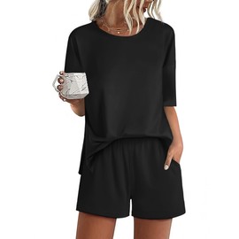 Ekouaer Pajamas for Women Set 2 Piece PJ Soft Comfy Lounge Sets Short Sleeve Tops Shorts Sets Cotton Sleepwear,L Black