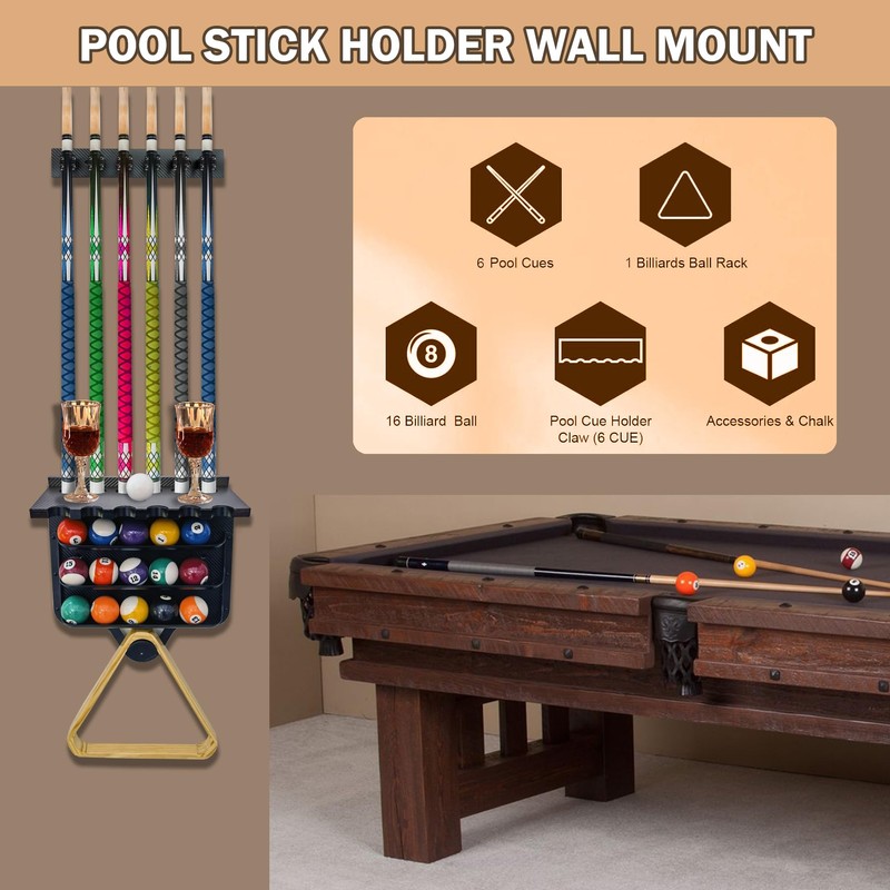 Joovon Pool Stick Holder Wall Mount | 6 Cue Rack