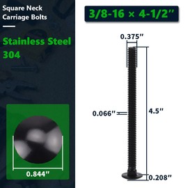 6 Sets 3/8-16 x 4-1/2" Carriage Bolts and Nuts & Flat Washers, 304 Stainless Steel 18-8, Black Coated, Heavy Duty Bolts for Home & Machinery Assembly & Repair, Automobile, by RoyceMart
