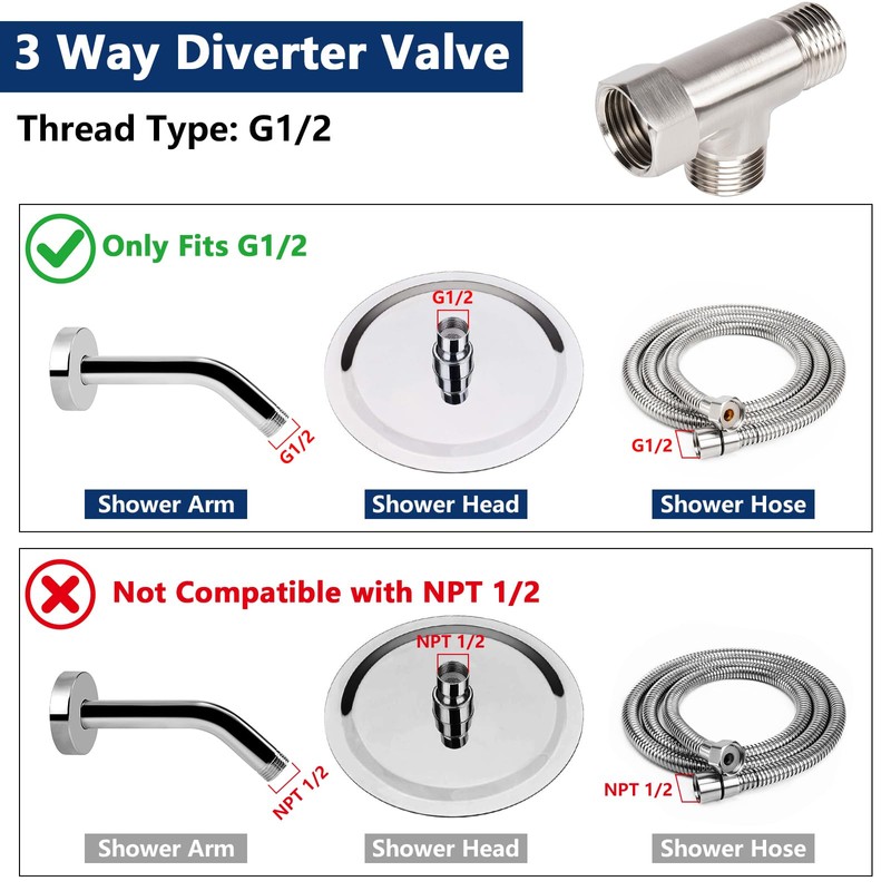 NearMoon Solid Brass G1/2" 3 Way Diverter Valve - Hose