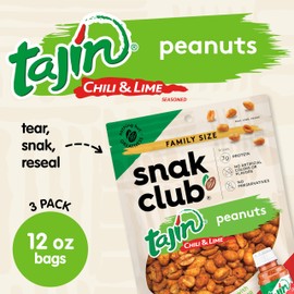 Snak Club Tajin Peanuts, Roasted Nuts with Chili and Lime Seasoning, Mild, Gluten-Free, Kosher Snacks, No Artificial Colors or Flavors, Low Cholesterol, 12 oz Resealable Bags, 3 Pack