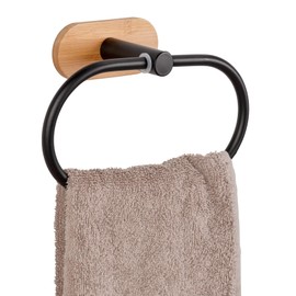 WENKO Turbo-Loc® Orea Bamboo Towel Ring, Holder for Hand Towels Made of Black Matt Painted Stainless Steel Combined with a Bamboo Wall Bracket, No Drilling Required, 19.5 x 12.5 x 8 cm