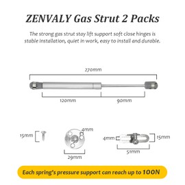 ZENVALY Gas Strut, 2 Pcs Slow Close Hinges, Soft Close Gas Spring, Lift Stay Support, Soft Open Lid Stay Gas Spring Gas Lift Support Hinges for Kitchen Cabinet Cupboard Desk Toy Box Cabinet, 100N