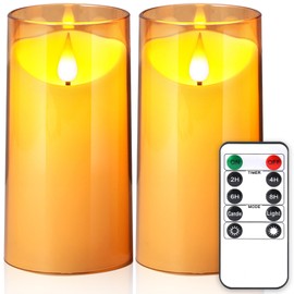 NURADA Flameless Candles with Remote Timer: 3D Wick Battery Operated Led Pillar Acrylic Fake Candle Set for Home Decoration Romantic Ambiance - Gold 2 Pack