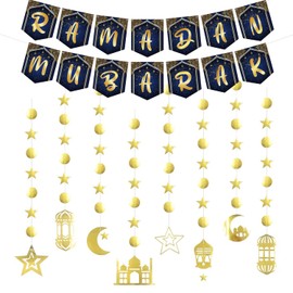 Ramadan Mubarak Banner Gold Star Moon Lantern Ramadan Garland Decorations, EID Mubarak Hanging Sign Islamic Decorative for Eid Festival Party Decoration, Ramadan Kareem Decor Supplies
