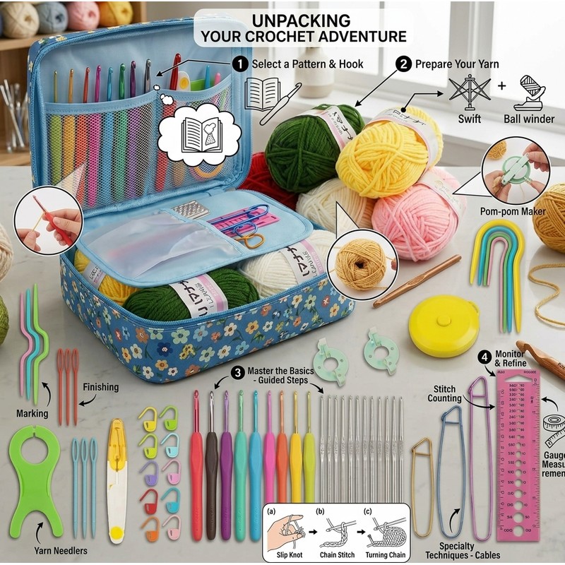 58-Piece Crochet Starter Kit for DIY Yarn Projects – Blue