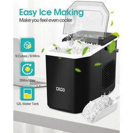 Ice Maker Countertop, 9 Cubes in 6 Mins, 26 lbs per Day, Portable Bullet Ice Machine, Self-Cleaning Ice Makers with Basket and Scoop, Ideal for Home, Kitchen, Camping, RV (26 lbs/24h, Black, 1)