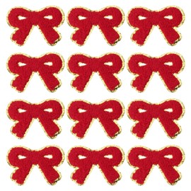 PATIKIL Bow Patches, 12 Pcs Chenille Iron on Patch Bow Embroidered Patch Sew on Patch Gold Edges for DIY Hat Jacket Clothing Bags DIY Decoration, Red, 2.8" x 2"