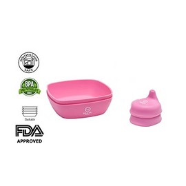 Unbranded BABY / TODDLER FEEDING SET 2 Silicone no slide Bowls 2 Sippy Lids Pink NEW