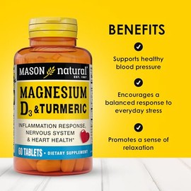 MASON NATURAL Magnesio y vitamina D3 con cúrcuma - Corazón saludable y sistema nervioso, fortalece los huesos y los músculos, mejora la salud de las a