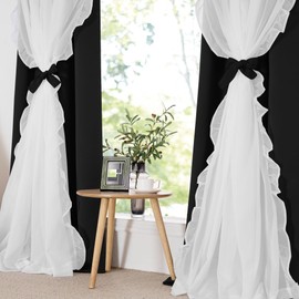 PONY DANCE Girls Curtains for Bedroom Decorative Drapes for Kids Double Layer Curtain Ruffle Sheer Overlay Room Darkening Pretty Chic Princess, 52x84 inch, Black, 2 PCs