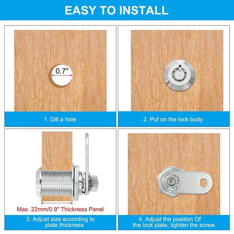 PATIKIL キャビネットカムロック キー付き 4個1-1/6"(30mm) キーが同じカムロックシリンダー 亜鉛合金 クロム 引き出しロック チューブ ラーカム