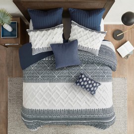 INK+IVY Mila 3P Cotton Duvet Cover Set, Navy Global Pattern, Chenille Tufting, Full/Queen, 1 Duvet, 2 Shams