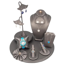 9 Piece Jewelry Display Set for Necklaces, Earrings, Rings, Bracelets, and watches. Perfect for businesses. (Steel Grey Faux Leather)