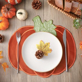 Sunnychicc Pumpkin Placemats Set of 6 Fall Thanksgiving Table Placemats Velvet Orange Pumpkin Embroidered Table Mats 13.78x12.6 Inch Farmhouse Decorations for Autumn Harvest Holiday Kitchen Dinning