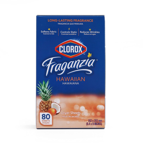 Clorox Fraganzia Dryer Sheets in Hawaiian Escape Scent, 80 Count | Wrinkle-Reducing Fabric Softener Sheets | Best Laundry Dryer Sheets with Long-Lasting Tropical Scent
