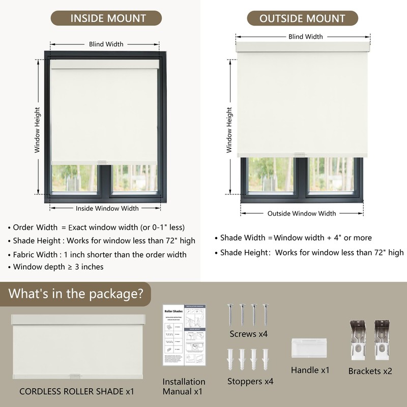 SUNOFF Cordless Blackout Roller Shades Blinds for Windows Free-Stop,Pull Down