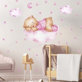 Bear on the Cloud Wall Sticker Pink V269 | Hand Drawn | Sticker Nursery | Wall Sticker for Children's Room Teddy Bear with Stars Teddy Girls Room (40 x 40 cm)