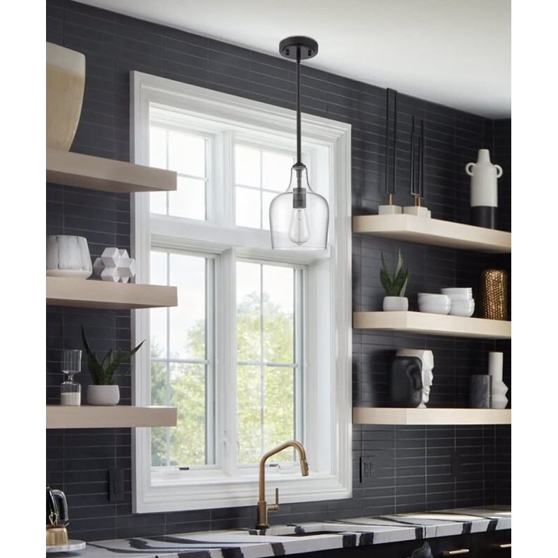 JEENKAE Modern Farmhouse Pendant Lighting for Kitchen Island Glass Black