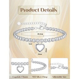 MILACOLATO Silver Bracelet for Women 925 Silver Love Heart Charm Hypoallergenic Adjustable Silver Beaded Bracelets Friendship Jewellery