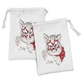 Ambesonne Cat Fabric Pouch Set of 2, Fashion Portrait Hipster Cat with Star Shaped Glasses and Bow I Love Kitty, Small Drawstring Bag for Toiletries Masks and Favors, 9" x 6", Pale Pink Beige and Red