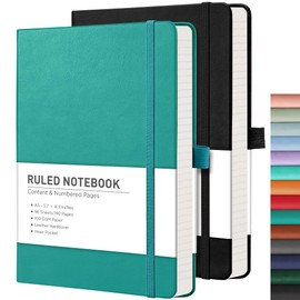 RETTACY Notepad A5 Lined 2 Pack - Leather Journal with 376 Numbered Ruled Pages, Hardcover Notebook,2 Free Sticky Notes Divider,8 Perforated Sheets, Pen Loop, Inner Pocket, 14.5 x 21cm（Black Cyan）