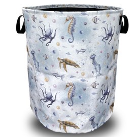 Colorful Octopus Seahorse Laundry Basket Foldable With Handles Tote Bag Oxford Cloth Funny Laundry Hamper Clothes Storage Bucket Toy Organizer 18.9" x 16.5" For Bathroom/Laundry/Bedroom