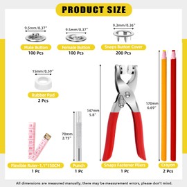 Mardatt Set of 100 Silver Hollow Snap Fasteners Kit, Metal Prong Snaps Buttons with Fastener Pliers Press Tool, Snap Button Fasteners for DIY Leather Sewing Clothing (9.5 mm)