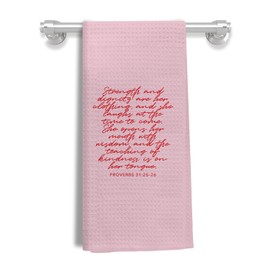 Pink Christian Kitchen Towels, Proverbs 31 Woman Gifts, Christian Gifts for Women, Faith Based Gifts, Bible Verses Decor Hand Towels for Bathroom, Pink Dish Towels for Kitchen Decor, 16x24 Inches