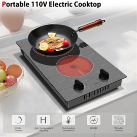 Karinear Electric Cooktop 2 Burners, 110v Portable Electri Stove Top with Knob, Glass Cooktop, Beautiful Woodgrain Pattern, Built-in and Countertop Electric Ceramic Cooktops, 12 Inch, 110v Outlet Plug