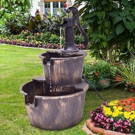 Squareful 2-Tier Outdoor Water Fountain, Rustic Patio Decor w/Hand Pump, Pump Barrel Fountain for Garden, Backyard, Patio
