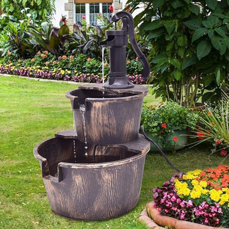 Squareful 2-Tier Outdoor Water Fountain, Rustic Patio Decor w/Hand Pump,