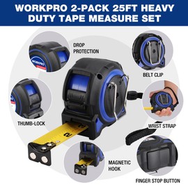 WORKPRO Heavy Duty Tape Measure, 2 Pcs 25FT Retractable Tape Measurement, Double Retract Long Stand Measuring Tape Accuracy 1/32 for Engineer, with Magnetic Hook, Belt Clip, Rubber Protective Casing