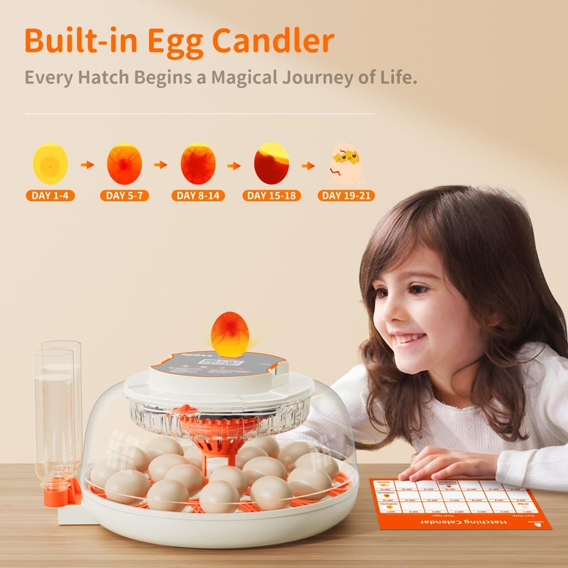 18 Egg Incubator, Automatic and Adjustable Egg Turning, Egg Candler,