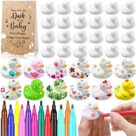 Seenelling 45 Pcs Baby Shower Decorate Ducks Game Set Includes Baby Shower Game Sign 32 DIY White Blank Rubber Ducks 12 Paint Marker for Gender Revel(Flower)