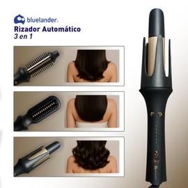 Bluelander Estilizador Multifuncional Automático 3 en 1, Rizador, Cepillo Alisador y Cepillo Voluminizador, Control de Temperatura 160–200 °C, Calentamiento Rápido, Incluye Peine y Pinzas (Negro)