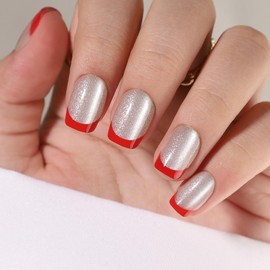 Hrnsnails Short Square Press On Nails, Glue On Nails Short Gold Glitter Fake Nails with Red French Tip Nails Designs, Nails Press Ons Soft Gel False Nails,Artificial Nails Stick On Nails for Women