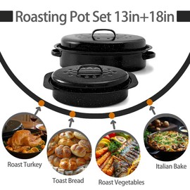 Enamel Roasting Pan With Lid and Rack 13" 18"Granite Roaster Pans Set With Rack Suitable Cooking Poultry Baking Turkey Bread Beef Resists Up to 932°F,Dishwasher Safe,Holiday Gifts CookWare