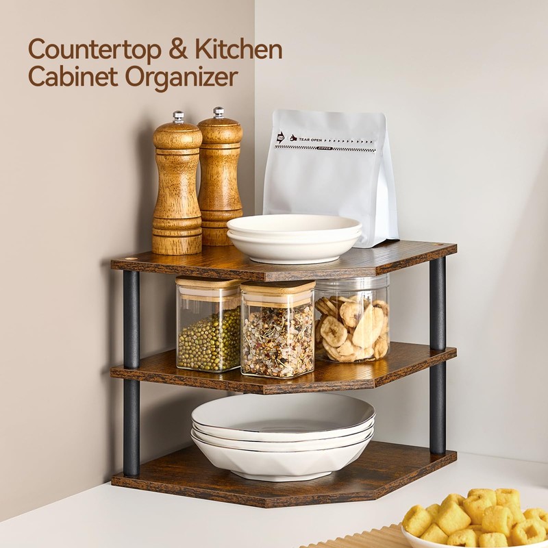 Huukhuom Wooden 3-Tier Corner Shelf, Kitchen Countertop Organizer Counter Stand