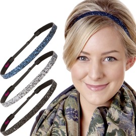 Hipsy Regular Size, Women's Adjustable NO Slip Bling Glitter Hair Headband Multi Pack (Skinny Black/Gunmetal/Navy Regular Size Bling Glitter 3pk)