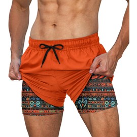 Cozople Mens Swim Trunks Anti-Chafe Board Shorts 5.5 inch Tangerine Stretch Swim Trunks with Compression Liner Summer Hawaiian Swim Shorts Beach Wear M