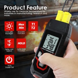 AOOFCMLLC Digital Thermocouple Thermometer Dual Channel K Type Thermometer with 4 K Type Thermocouple Probes, -328~2501℉ Thermocouple Tester with LED Backlight Display