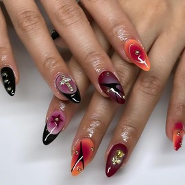 SINHOT Almond Press on Nails Medium Fake Nails Glossy Glue on Nails 3D Gold Rose Acrylic Nails Cross Rhinestones Stiletto Artificial Nails Orange Ombre Stick on False Nails with Design 24 pcs