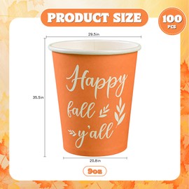 100Pcs Fall Party Cups Happy Fall Y'all Paper Cups 9oz Autumn Coffee Beverage Disposable Drinking Cups Orange Pumpkin Spice Cups for Wedding Birthday Thanksgiving Harvest Party Supplies
