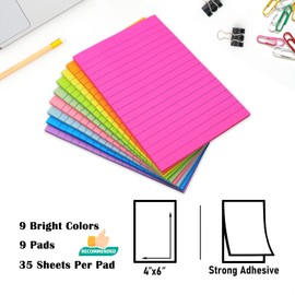 HQCME 9 Pack Lined Sticky Notes 4x6 in Post Sticky Notes with Lines, 9 Bright Colors Large Ruled Post Sticky Colorful Super Sticking Power Memon Pads, Sticky Notes 4x6 for Office, Home, 35 Sheets/Pad